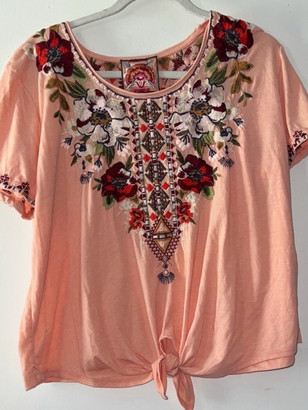 Johnny Was Peach Embroidered Knot-Front Short Sleeve Top